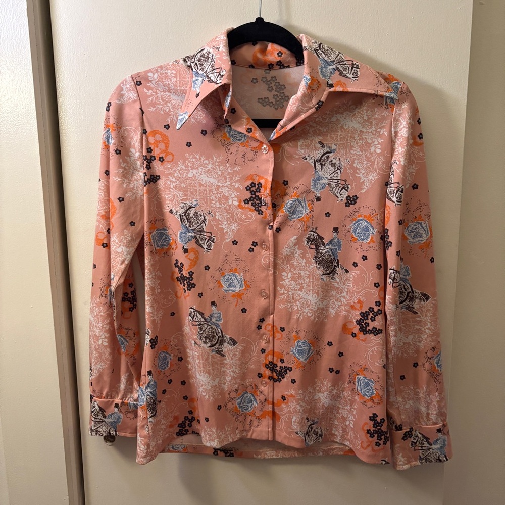 Vintage Horse and Flower Motif Button Down Shirt